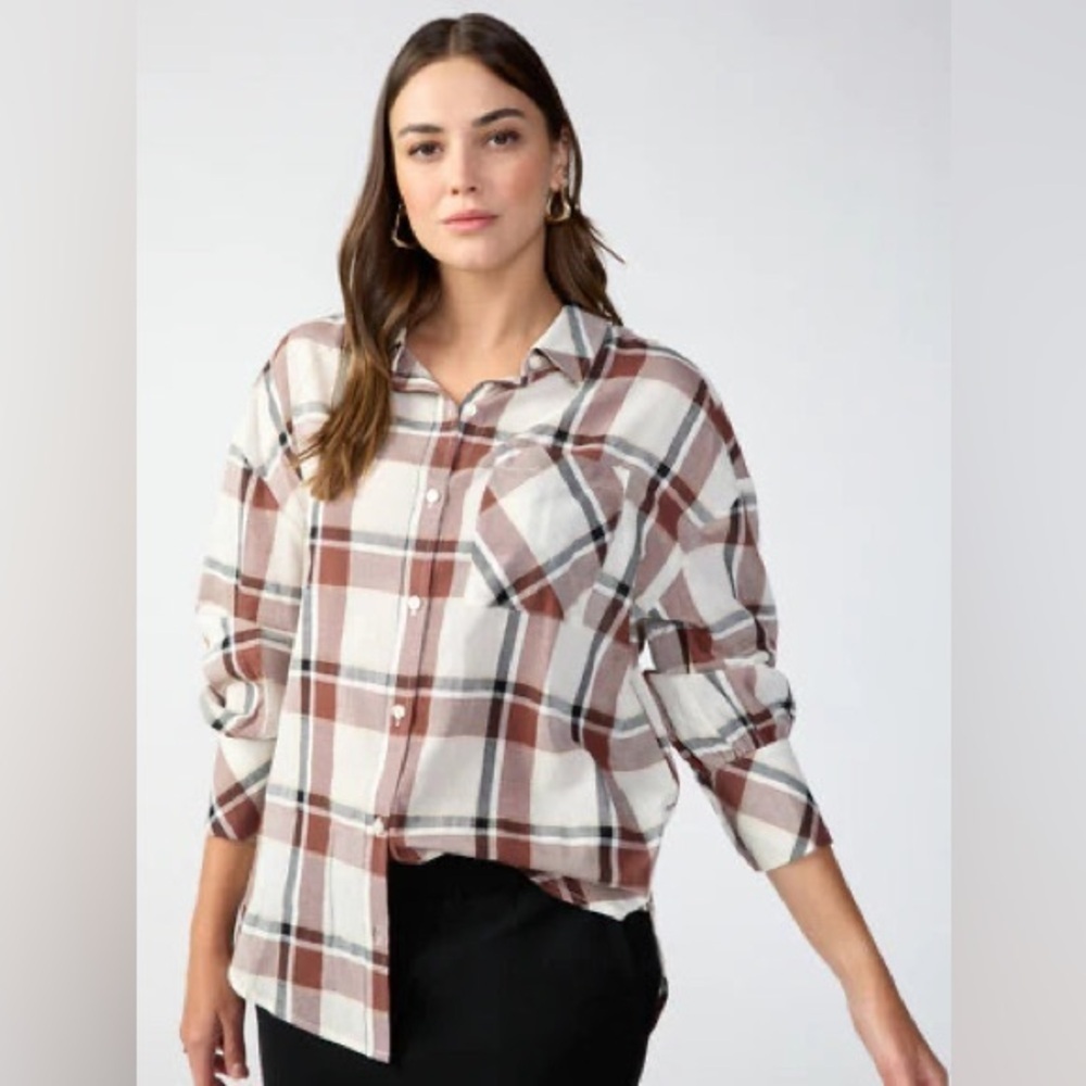 Sanctuary chocolate brown plaid Dropped Shoulder Tunic button down shirt 1X